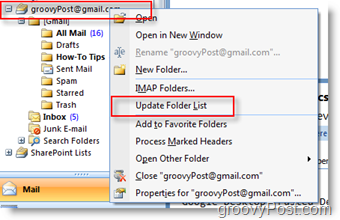 Perbarui Daftar Folder iMAP GMAIL di Outlook 2007 Navigation Toolbar