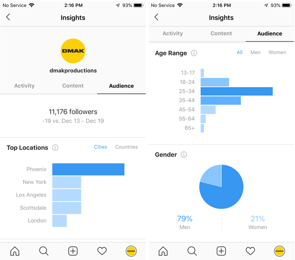 Contoh Insights Instagram untuk akun DMAK Productions di bawah tab Audience.