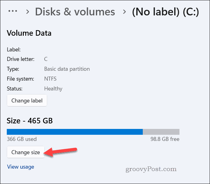 Tombol ubah ukuran drive di pengaturan Windows 11