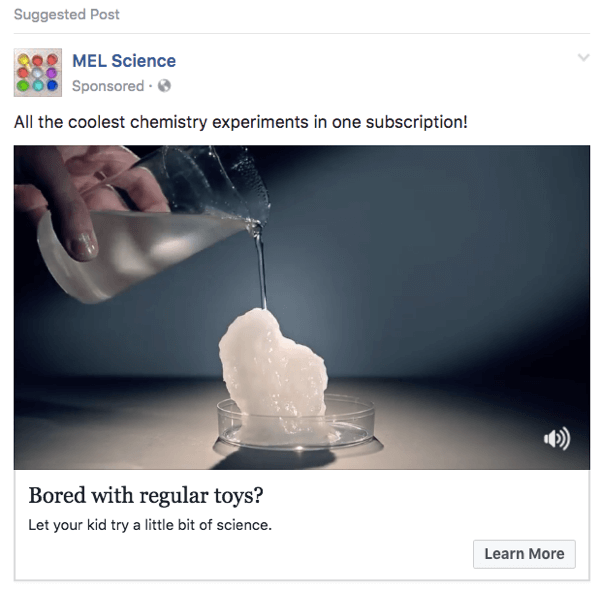 Iklan Facebook MEL Science ini menggunakan klip dari video YouTube.