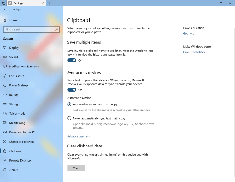 Clipboard Cloud Windows 10 RS5