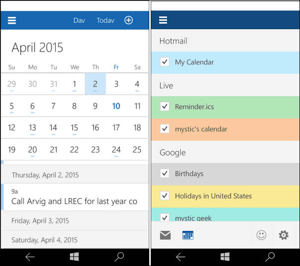 Kalender Windows 10 untuk Ponsel