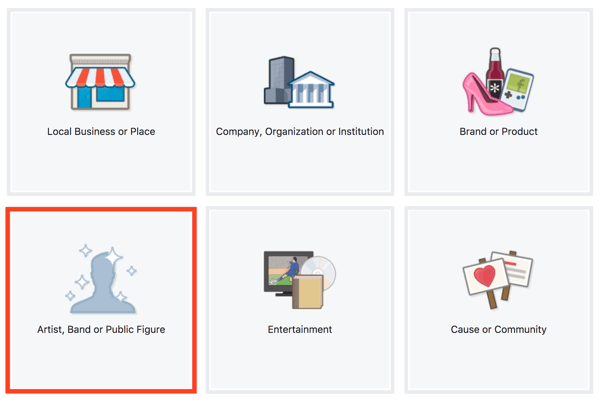 Pilih Artis, Band, atau Tokoh Publik sebagai jenis halaman Facebook.