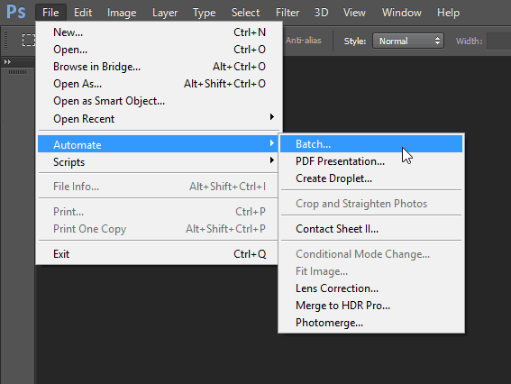 mengotomatiskan batch Photoshop panel edit fitur menu panel