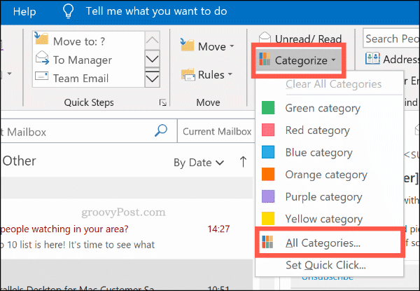 Menu kategorikan untuk kategori warna di Outlook