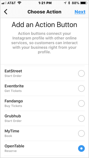 Pilih tombol tindakan untuk menambahkannya ke profil bisnis Instagram Anda.
