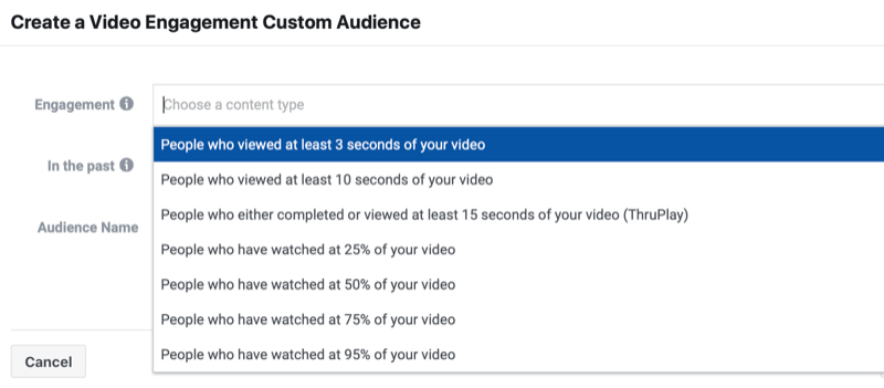 Facebook video engagement custom audience buat menu yang menampilkan beberapa pilihan orang yang menonton setidaknya beberapa detik hingga 25%, 50%, 75%, dan 95%, atau menonton sampai selesai