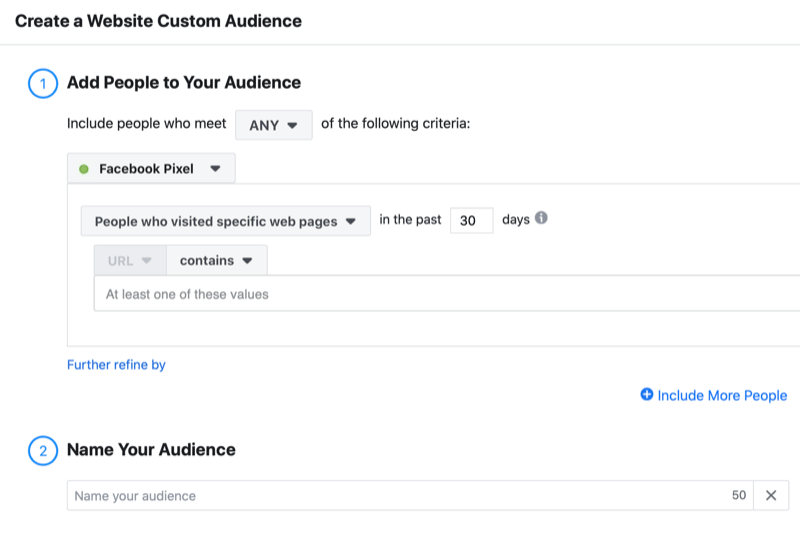 contoh facebook membuat website custom audience menu termasuk pilihan untuk menambahkan setiap orang yang berkunjung halaman web tertentu dalam 30 hari terakhir menggunakan piksel facebook bersama dengan opsi untuk memberi nama audiens Anda