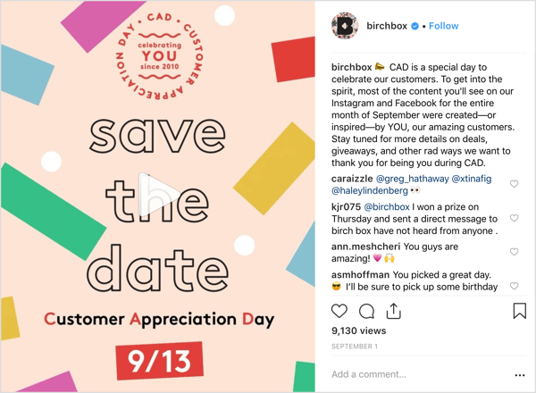 Akun Instagram Birchbox memperlakukan pengikut dengan penawaran, hadiah, dan kejutan untuk menandai Hari Apresiasi Pelanggan.