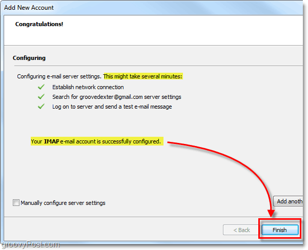 klik selesai setelah akun email IMAP Anda dikonfigurasi