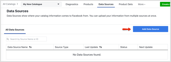Tambahkan tombol Sumber Data pada tab Sumber Data di Manajer Katalog Facebook