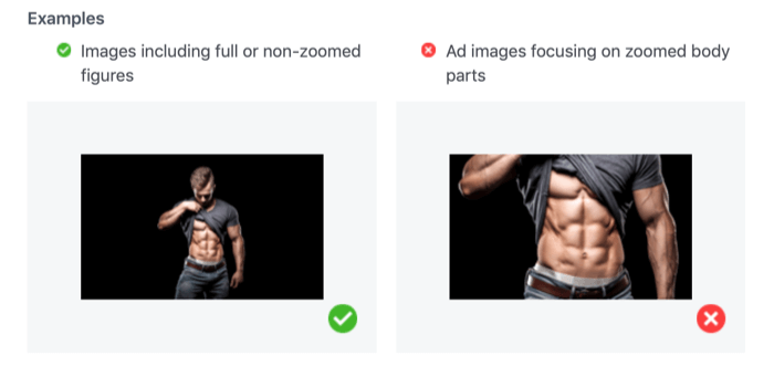 foto yang dapat diterima dan tidak dapat diterima yang menampilkan bagian tubuh yang diperbesar untuk iklan Facebook