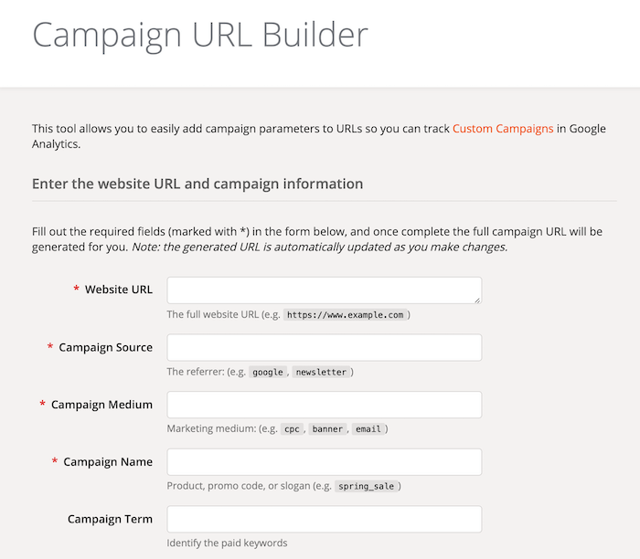 Bidang formulir Pembuat URL Kampanye Google Analytics