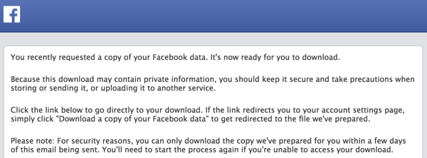 Facebook akan mengirimi Anda email saat arsip Anda siap diunduh.