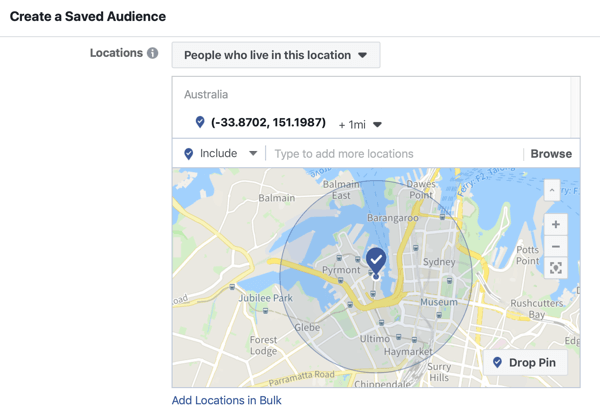 Cara mempromosikan acara langsung Anda di Facebook, langkah 5, opsi untuk membuat audiens yang disimpan berdasarkan lokasi acara
