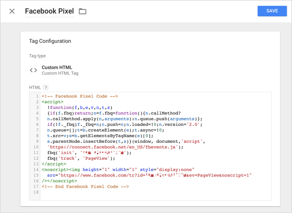 Di Google Tag Manager, klik opsi HTML Kustom dan tempel kode pelacakan yang Anda salin dari Facebook ke dalam kotak HTML.