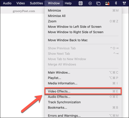 Mengakses menu efek video VLC di Mac