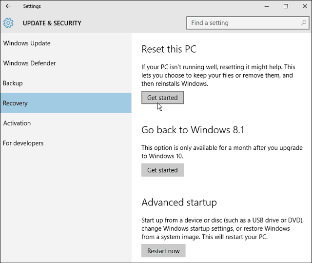 Setel ulang PC ini Windows 10