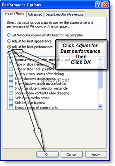 Windows XP Sesuaikan untuk kinerja terbaik