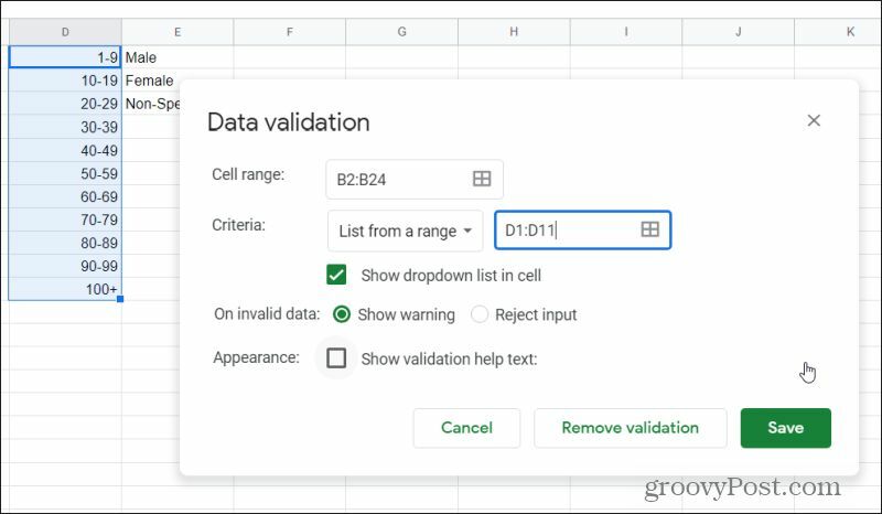 jendela validasi data di Google Sheets