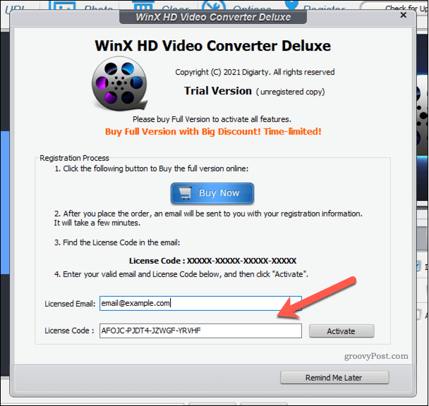 Menambahkan lisensi WinX Video Converter