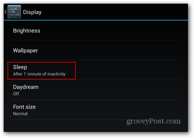 Pengaturan layar kunci Goggle Nexus 7 menampilkan tidak aktif tidur