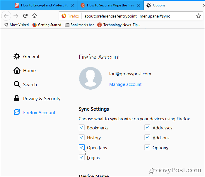 Periksa tab Buka di bawah Pengaturan Sync di Firefox untuk Windows