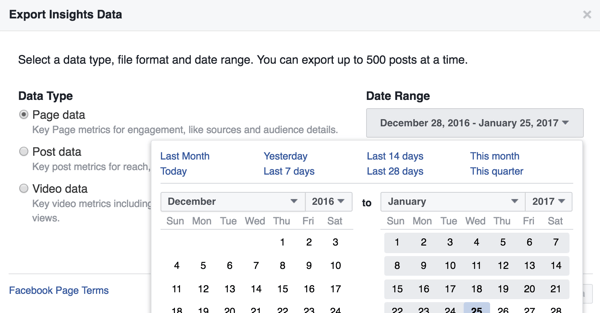 Anda dapat mengubah rentang tanggal untuk data Facebook Insights yang Anda unduh.