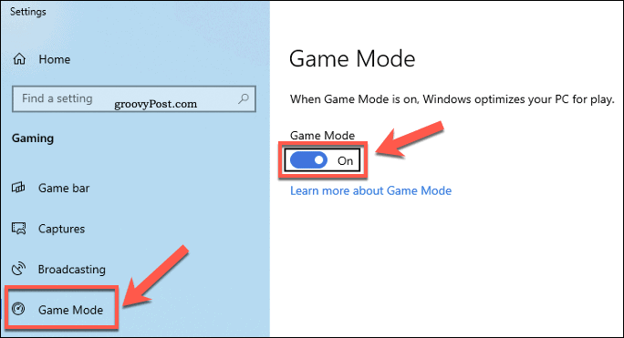Pengaturan Windows Menu Mode Game