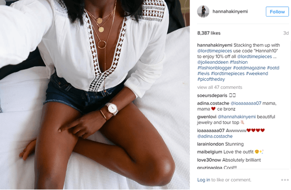 Model Hannah Akinyemi menampilkan jam tangan dari Lord Timepieces bersama dengan kode diskon di Instagram.
