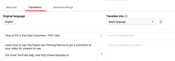 Pada tab Terjemahan untuk video YouTube Anda, masukkan terjemahan judul dan deskripsi.