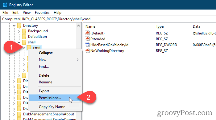 Klik kanan kunci registri dan pilih Izin di Windows Registry Editor