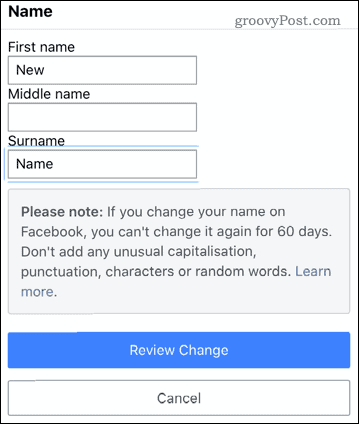 Mengedit nama di aplikasi seluler Facebook