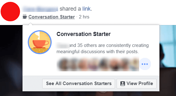 Facebook tampaknya bereksperimen dengan lencana Pembuka Percakapan baru yang menyoroti pengguna dan admin yang terus-menerus membuat diskusi yang bermakna dengan kiriman mereka.
