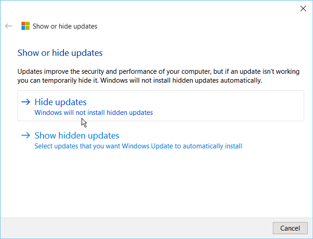 Sembunyikan alat Pembaruan Windows 10