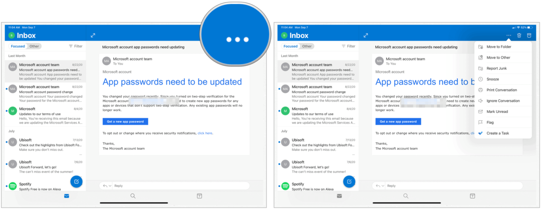 Tindakan cepat Microsoft Outlook untuk iPad