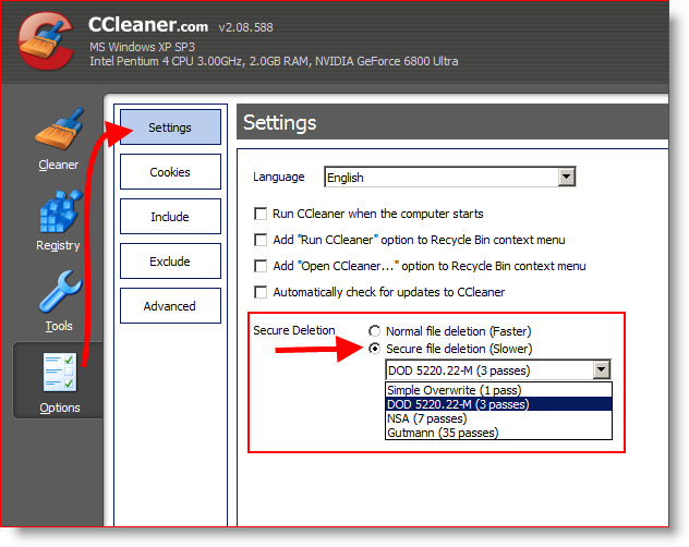 Konfigurasikan CCleaner untuk Menghapus dan menghapus file dengan aman 3 kali atau DOD 5220.22-M