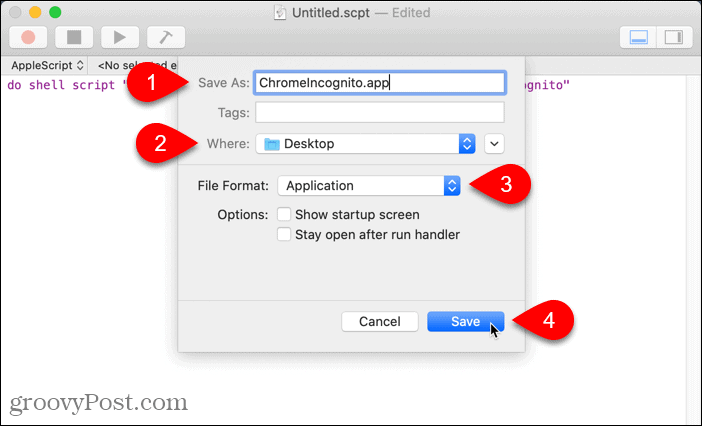 Simpan skrip sebagai aplikasi di Mac