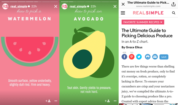 RealSimple membuat cerita Instagram berdasarkan posting blog tentang cara memilih produksi; di akhir cerita, penonton dapat menggeser ke atas untuk membaca postingan asli.