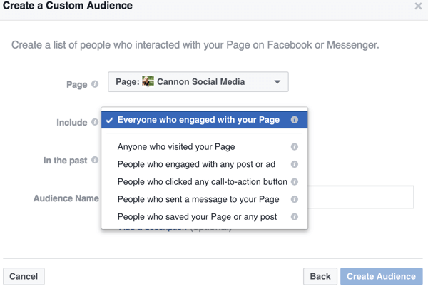 Saat Anda mempersempit opsi untuk audiens kustom Facebook Anda, Anda menemukan cara spesifik untuk menentukan audiens yang ingin Anda targetkan, seperti interaksi khusus halaman ini.