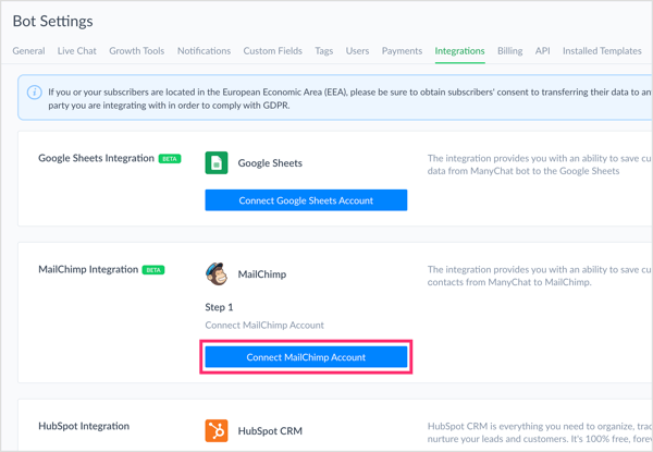 Buka pengaturan ManyChat Anda dan klik Hubungkan akun MailChimp pada tab Integrasi.