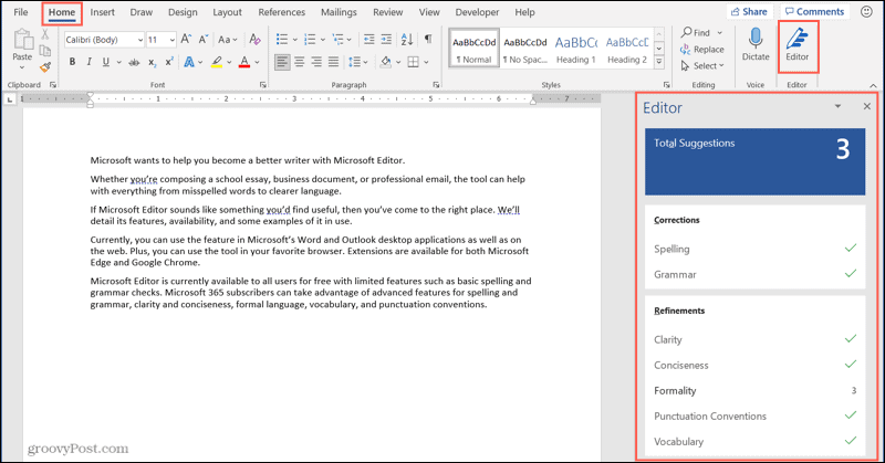 Tombol dan bilah samping Microsoft Editor di desktop Word