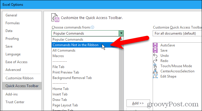 Pilih Perintah Tidak di Pita pada kotak dialog Opsi Excel
