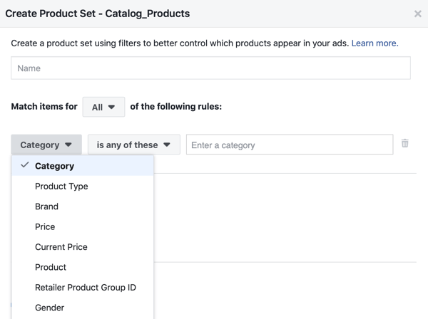 Gunakan Alat Pengaturan Acara Facebook, langkah 28, opsi menu Facebook untuk menerapkan filter ke produk mana yang ditampilkan kepada pelanggan