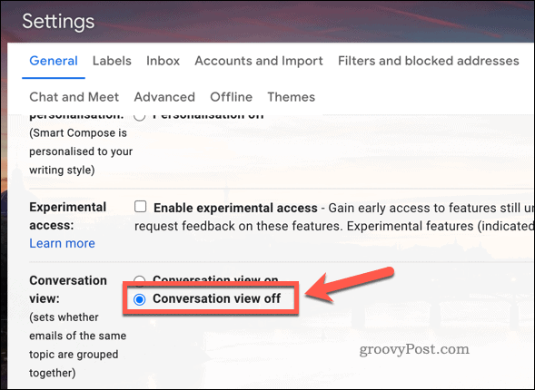 Nonaktifkan tampilan percakapan di setelan Gmail