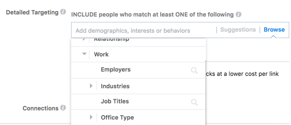 Facebook menawarkan opsi penargetan terperinci berdasarkan pekerjaan audiens Anda.
