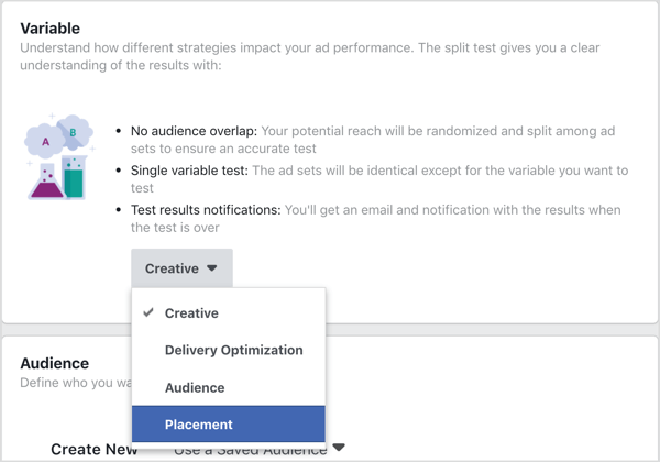 Pilih Penempatan sebagai variabel untuk diuji dengan uji split Facebook