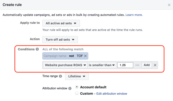 Gunakan aturan otomatis Facebook, hentikan iklan saat ROAS turun di bawah minimum, langkah 3, pengaturan kondisi