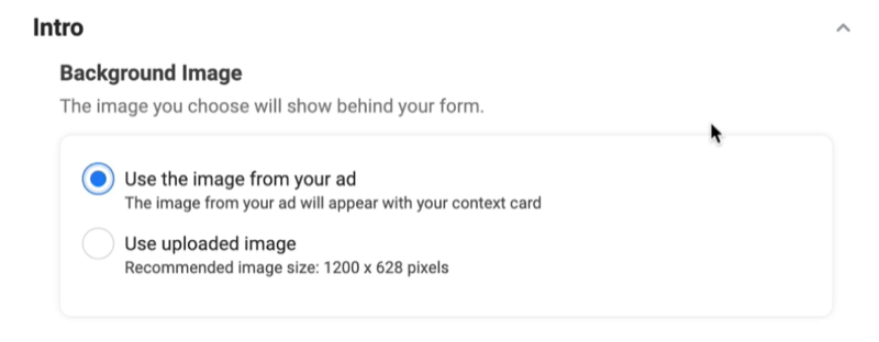 facebook memimpin iklan membuat pilihan formulir prospek baru untuk menggunakan gambar latar belakang dengan menggunakan gambar dari pilihan iklan Anda dipilih