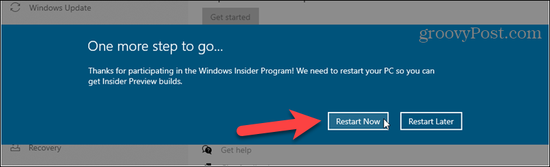 Mulai ulang untuk menyelesaikan pendaftaran Windows Insider build